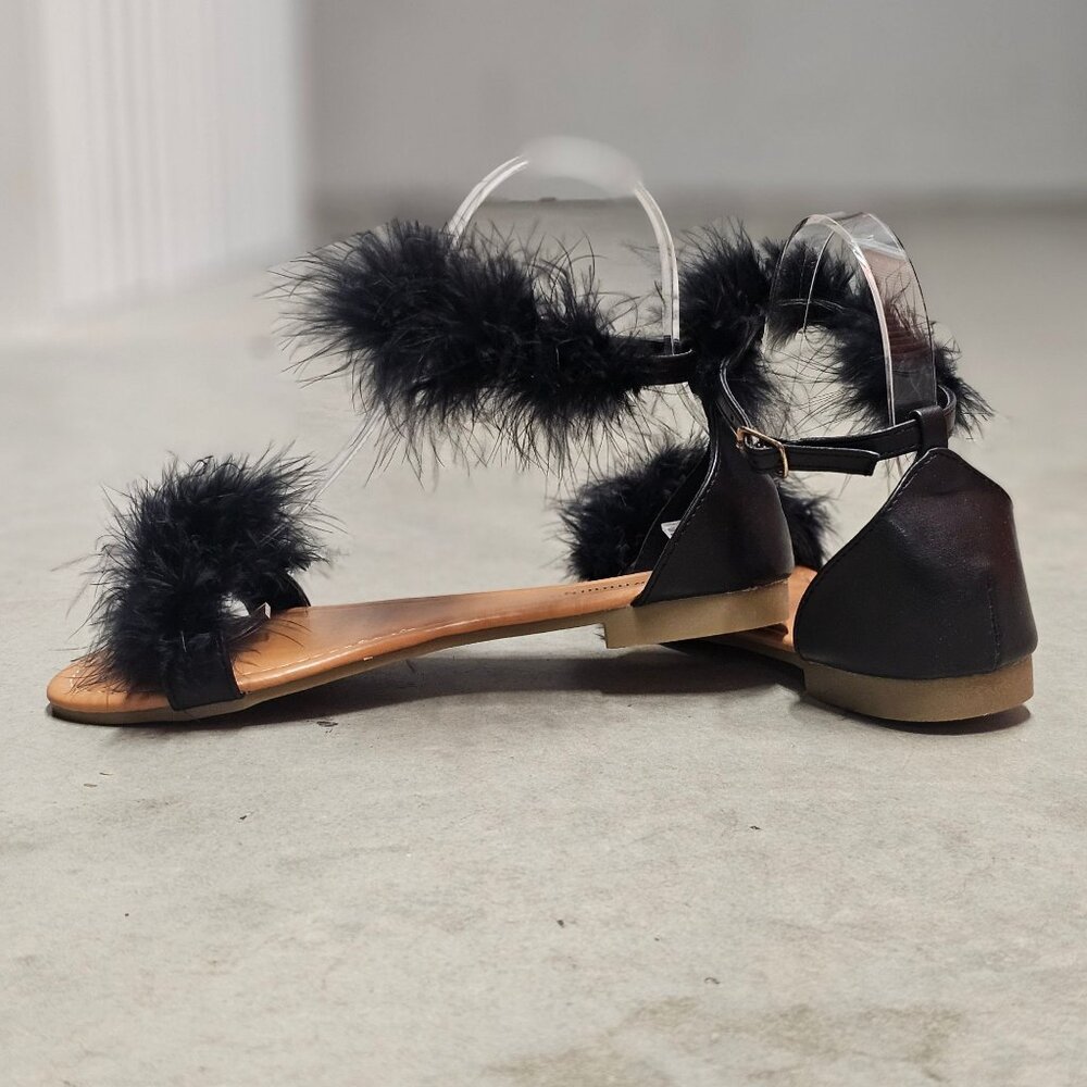 Faux Fur Black Ankle Strap Flat Sandals - Picture 5 of 7